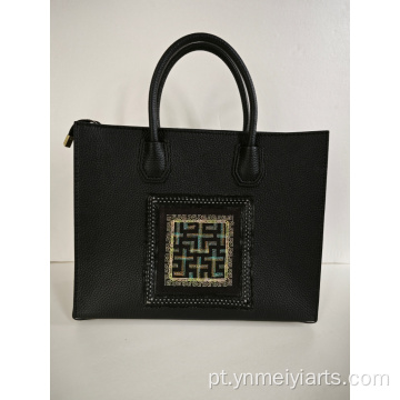 Pasta de negócios bordada de couro crossbody portátil